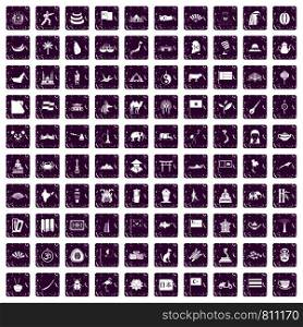 100 Asia icons set in grunge style purple color isolated on white background vector illustration. 100 Asia icons set grunge purple