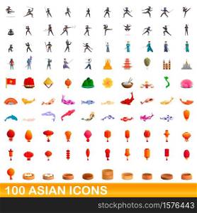 100 asian icons set. Cartoon illustration of 100 asian icons vector set isolated on white background. 100 asian icons set, cartoon style