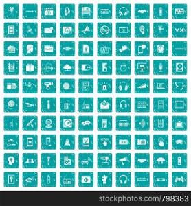 100 audio icons set in grunge style blue color isolated on white background vector illustration. 100 audio icons set grunge blue