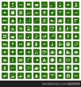 100 autumn holidays icons set in grunge style green color isolated on white background vector illustration. 100 autumn holidays icons set grunge green