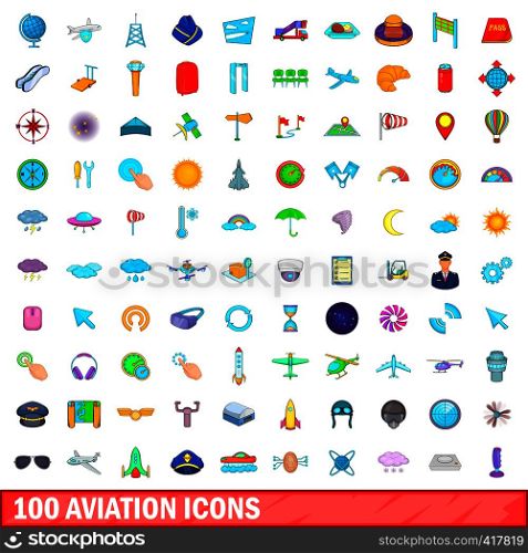 100 aviation icons set in cartoon style for any design vector illustration. 100 aviation icons set, cartoon style