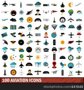 100 aviation icons set in flat style for any design vector illustration. 100 aviation icons set, flat style