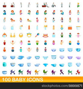 100 baby icons set. Cartoon illustration of 100 baby icons vector set isolated on white background. 100 baby icons set, cartoon style