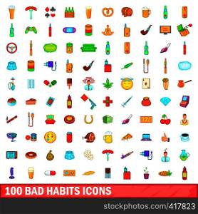 100 bad habits icons set in cartoon style for any design vector illustration. 100 bad habits icons set, cartoon style