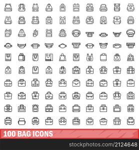 100 bag icons set. Outline illustration of 100 bag icons vector set isolated on white background. 100 bag icons set, outline style
