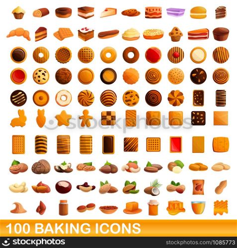 100 baking icons set. Cartoon illustration of 100 baking icons vector set isolated on white background. 100 baking icons set, cartoon style