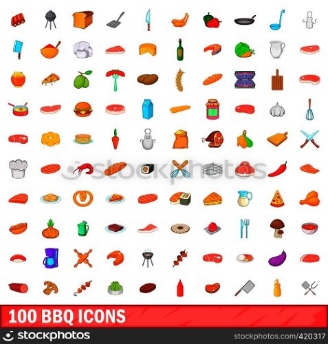 100 barbecue icons set in cartoon style for any design vector illustration. 100 barbecue icons set, cartoon style