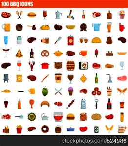 100 bbq icon set. Flat set of 100 bbq vector icons for web design. 100 bbq icon set, flat style