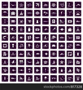 100 beach icons set in grunge style purple color isolated on white background vector illustration. 100 beach icons set grunge purple