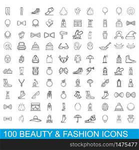100 beauty and fashion icons set. Outline illustration of 100 beauty and fashion icons vector set isolated on white background. 100 beauty and fashion icons set, outline style