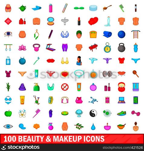 100 beauty and makeup icons set in cartoon style for any design vector illustration. 100 beauty and makeup icons set, cartoon style