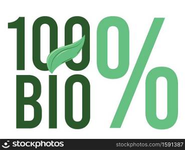 100 bio word or text with green leaf. Handwritten lettering. vector illustration