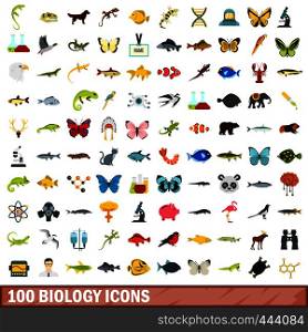 100 biology icons set in flat style for any design vector illustration. 100 biology icons set, flat style