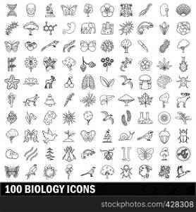100 biology icons set in outline style for any design vector illustration. 100 biology icons set, outline style