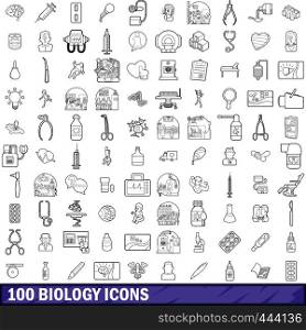 100 biology icons set in outline style for any design vector illustration. 100 biology icons set, outline style