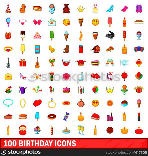 100 birthday icons set in cartoon style for any design vector illustration. 100 birthday icons set, cartoon style