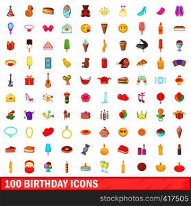 100 birthday icons set in cartoon style for any design vector illustration. 100 birthday icons set, cartoon style