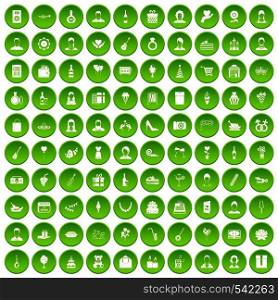 100 birthday icons set in green circle isolated on white vectr illustration. 100 birthday icons set green