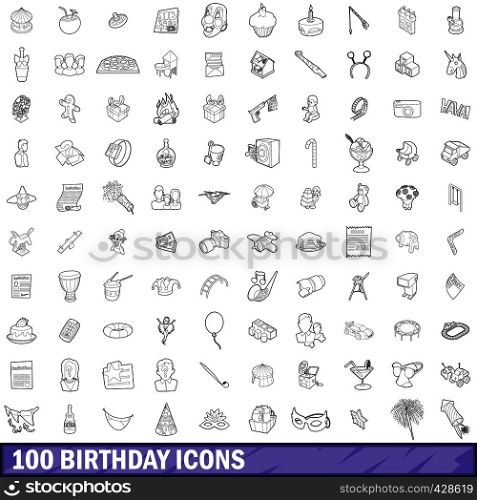 100 birthday icons set in outline style for any design vector illustration. 100 birthday icons set, outline style