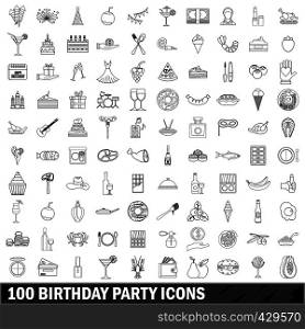 100 birthday party set in outline style for any design vector illustration. 100 birthday party icons set, outline style