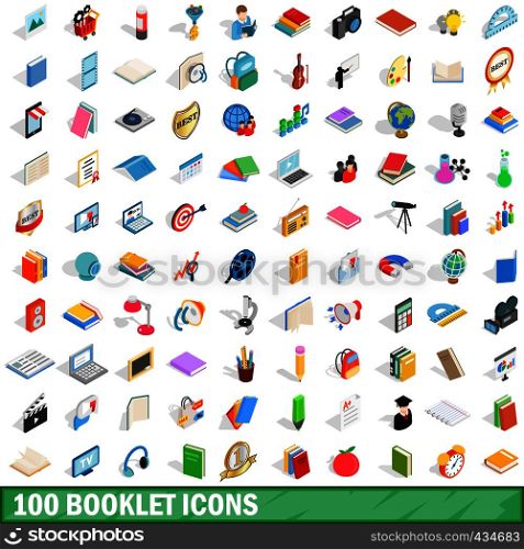 100 booklet icons set in isometric 3d style for any design vector illustration. 100 booklet icons set, isometric 3d style