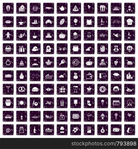 100 bounty icons set in grunge style purple color isolated on white background vector illustration. 100 bounty icons set grunge purple
