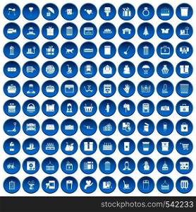 100 box icons set in blue circle isolated on white vectr illustration. 100 box icons set blue
