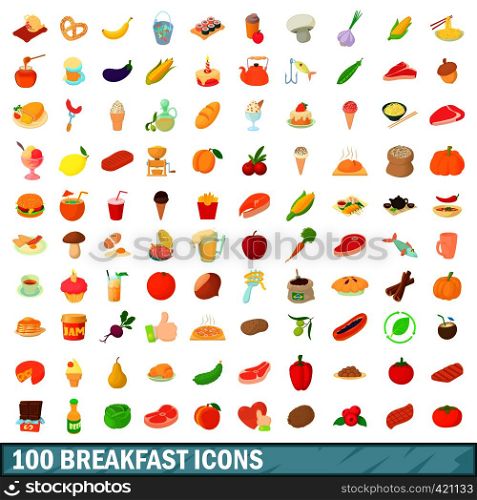 100 breakfast icons set in cartoon style for any design vector illustration. 100 breakfast icons set, cartoon style