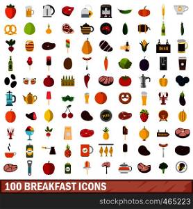 100 breakfast icons set in flat style for any design vector illustration. 100 breakfast icons set, flat style