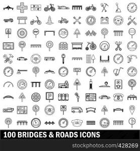 100 bridges and roads icons set in outline style for any design vector illustration. 100 bridges and roads icons set, outline style