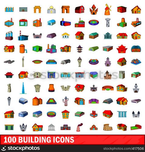 100 building icons set in cartoon style for any design vector illustration. 100 building icons set, cartoon style