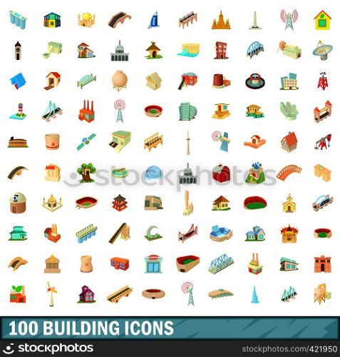100 building icons set in cartoon style for any design vector illustration. 100 building icons set, cartoon style
