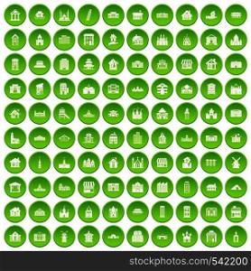 100 building icons set in green circle isolated on white vectr illustration. 100 building icons set green