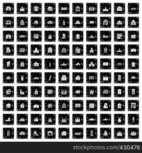 100 building icons set in grunge style isolated vector illustration. 100 building icons set, grunge style