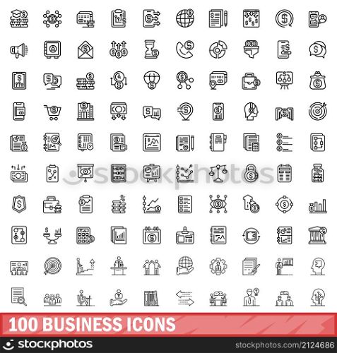 100 business icons set. Outline illustration of 100 business icons vector set isolated on white background. 100 business icons set, outline style