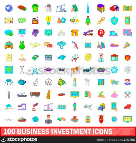 100 business investment icons set in cartoon style for any design vector illustration. 100 business investment icons set, cartoon style