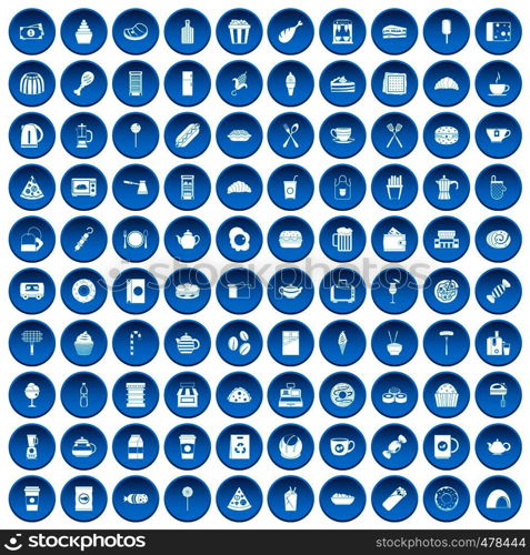 100 cafe icons set in blue circle isolated on white vector illustration. 100 cafe icons set blue