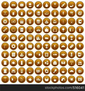 100 cafe icons set in gold circle isolated on white vector illustration. 100 cafe icons set gold