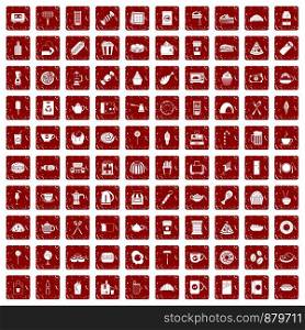 100 cafe icons set in grunge style red color isolated on white background vector illustration. 100 cafe icons set grunge red