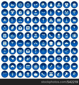 100 cake icons set in blue circle isolated on white vectr illustration. 100 cake icons set blue