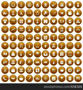 100 calendar icons set in gold circle isolated on white vector illustration. 100 calendar icons set gold