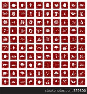 100 camping and nature icons set in grunge style red color isolated on white background vector illustration. 100 camping and nature icons set grunge red