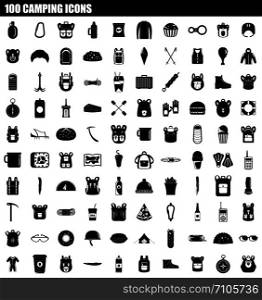 100 camping icon set. Simple set of 100 camping vector icons for web design isolated on white background. 100 camping icon set, simple style