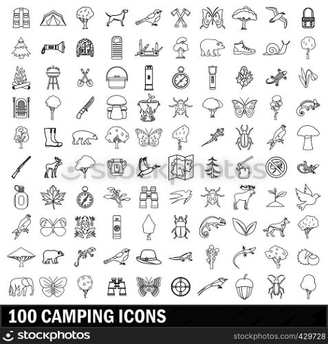 100 camping set in outline style for any design vector illustration. 100 camping icons set, outline style