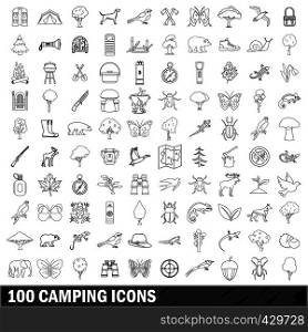 100 camping set in outline style for any design vector illustration. 100 camping icons set, outline style