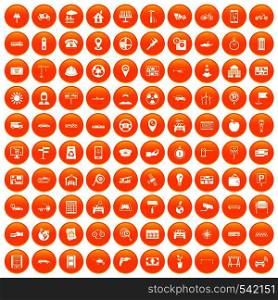 100 car icons set in orange circle isolated on white vector illustration. 100 car icons set orange
