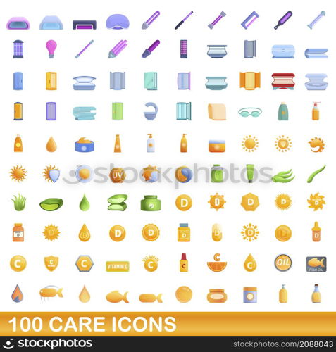 100 care icons set. Cartoon illustration of 100 care icons vector set isolated on white background. 100 care icons set, cartoon style