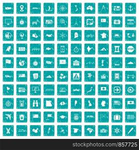 100 cartography icons set in grunge style blue color isolated on white background vector illustration. 100 cartography icons set grunge blue