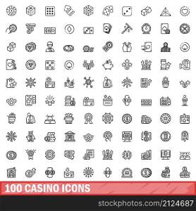 100 casino icons set. Outline illustration of 100 casino icons vector set isolated on white background. 100 casino icons set, outline style