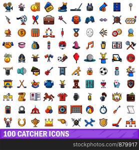 100 catcher icons set. Cartoon illustration of 100 catcher vector icons isolated on white background. 100 catcher icons set, cartoon style